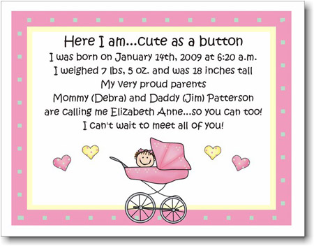 Pen At Hand Stick Figures Birth Announcements - Pram - Girl